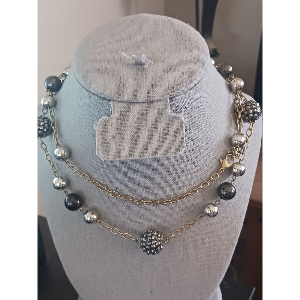 Gold Tone Necklace Silver Gunmetal Pave Bead Statement